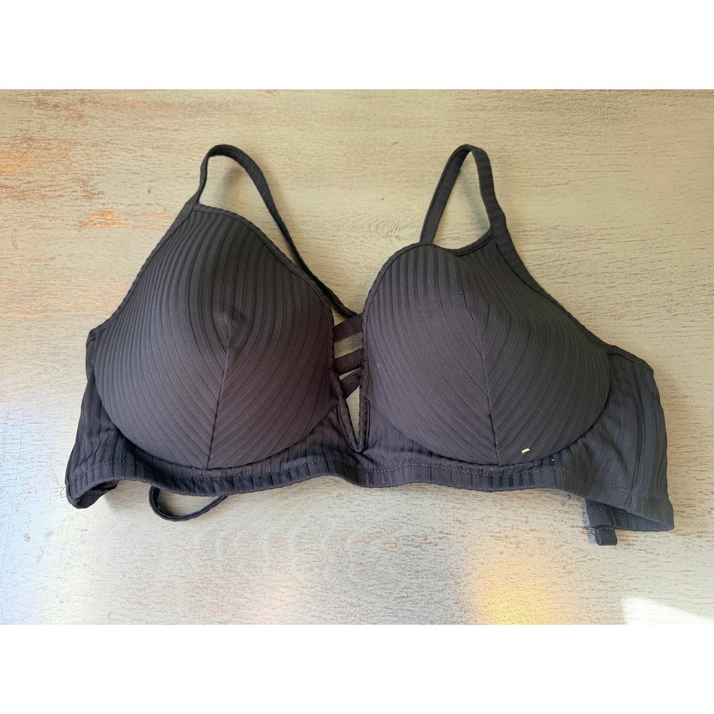 Shade & Shore Black Ribbed Underwire Bikini Top Caged Plunge 38DD